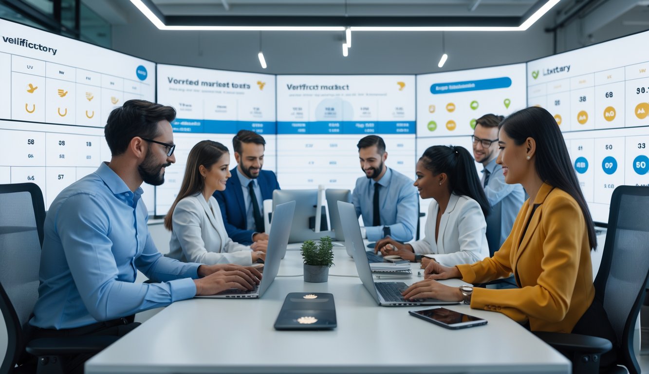 Orang-orang bekerja bersama di kantor modern dengan komputer dan layar digital yang menampilkan data pasar terverifikasi untuk situs togel resmi.