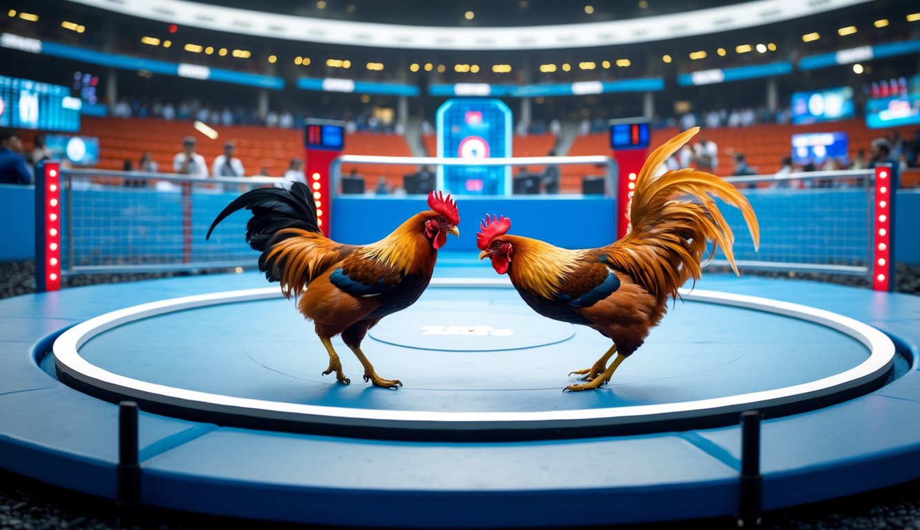 Dua ayam jago sedang bertarung di arena modern dengan penonton di latar belakang.