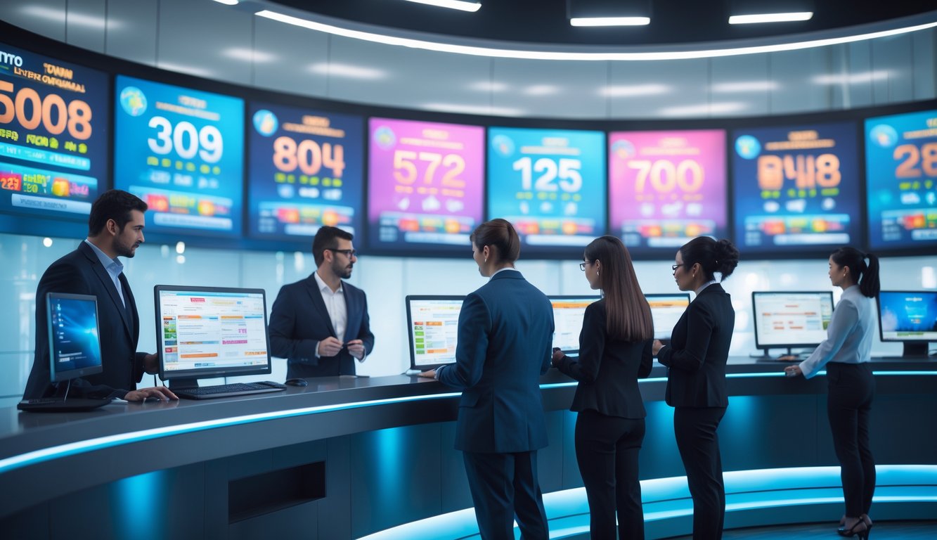 Suasana studio modern dengan beberapa orang profesional yang memantau proses undian langsung menggunakan komputer dan layar digital.