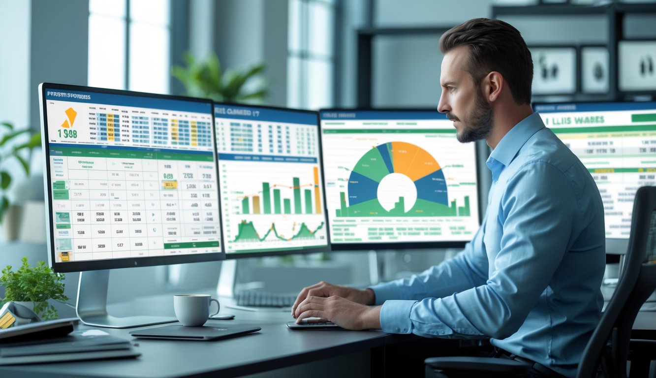 Seorang profesional sedang menganalisis data statistik pada layar komputer di ruang kantor modern.