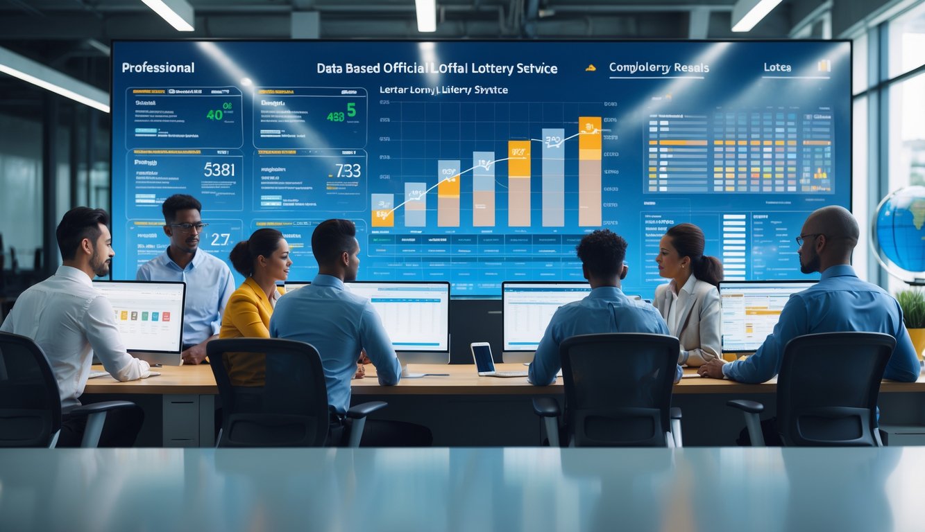 Tim profesional bekerja bersama di kantor modern dengan layar digital menampilkan grafik dan data hasil lotere.