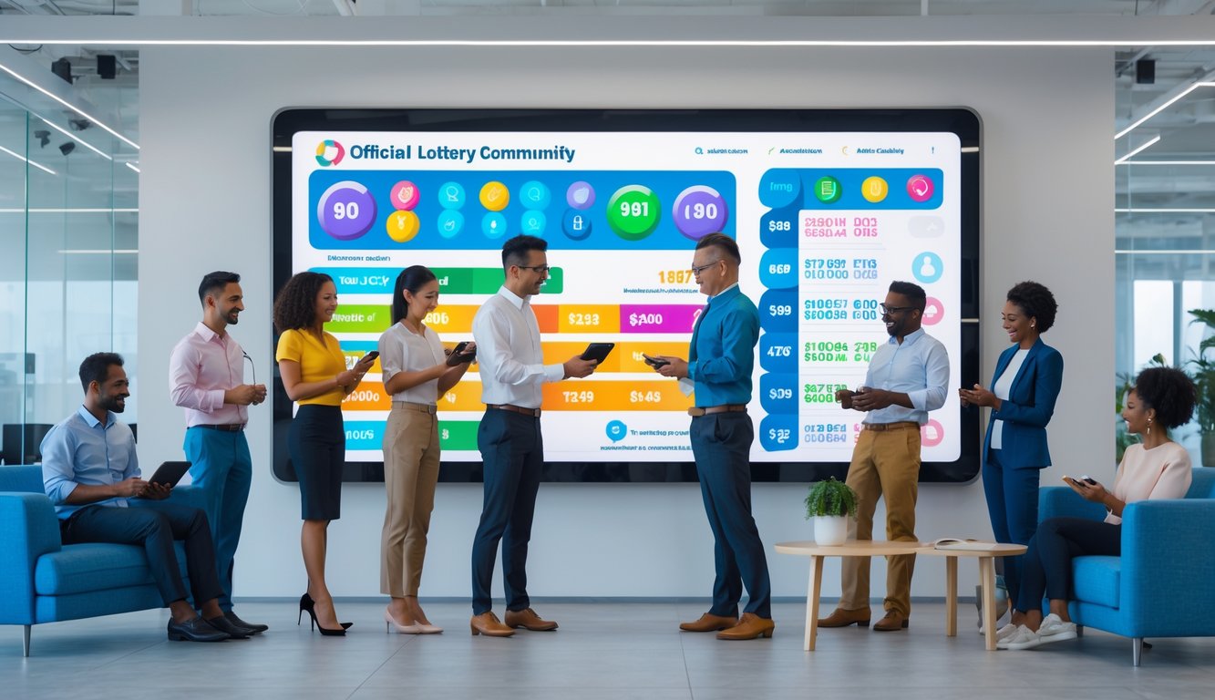 Sekelompok orang beragam usia dan etnis berkumpul di ruang kantor modern sambil melihat layar digital dengan grafik dan angka lotre.