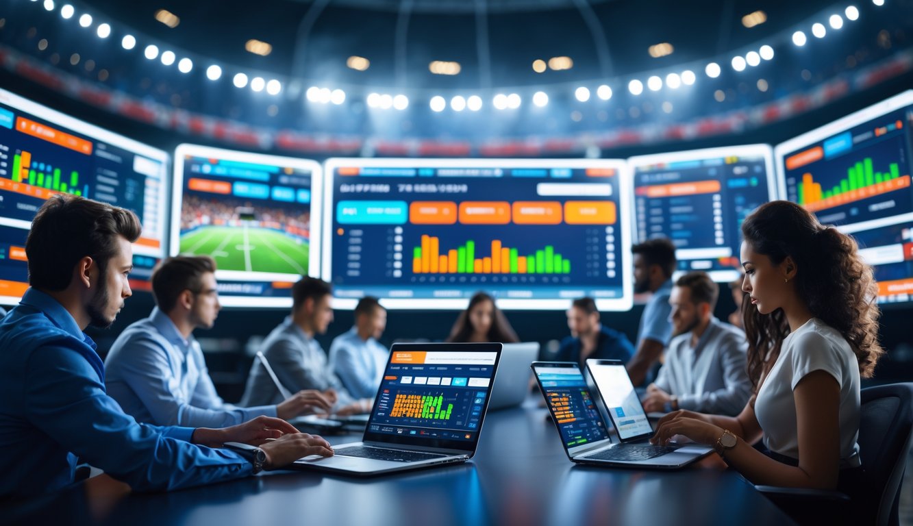 Antarmuka platform sportsbook modern dengan pengguna yang berinteraksi di depan layar besar menampilkan data dan peluang olahraga secara real-time.