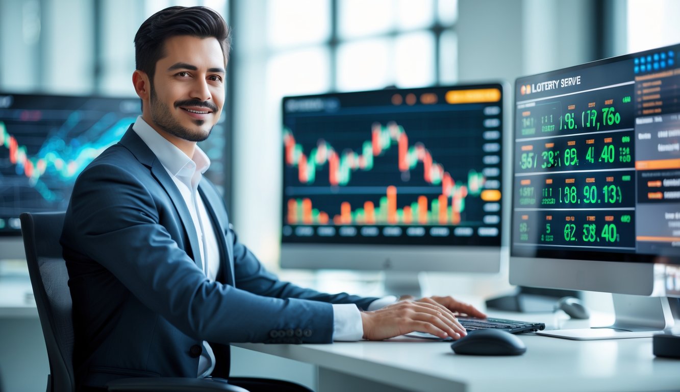 Seorang profesional duduk di meja kerja dengan beberapa layar digital yang menampilkan grafik dan data pasar yang diperbarui cepat.