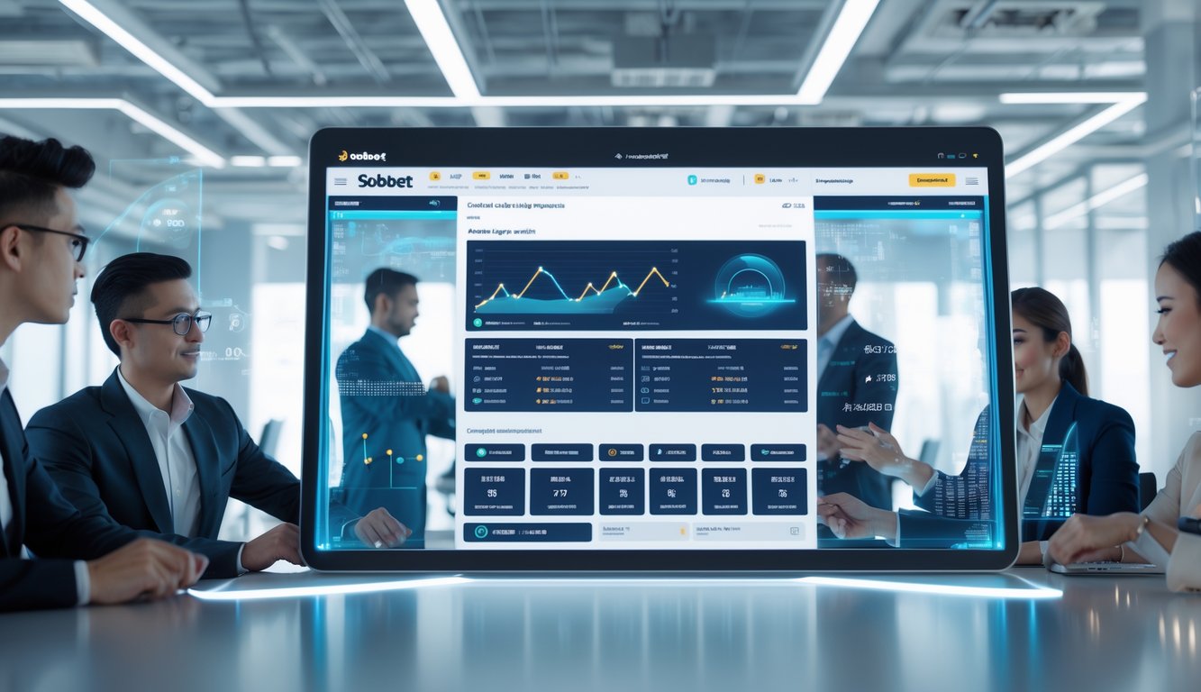 Profesional menggunakan antarmuka digital modern untuk mengelola sistem pertandingan terpadu SBOBET di lingkungan kantor yang terang dan futuristik.