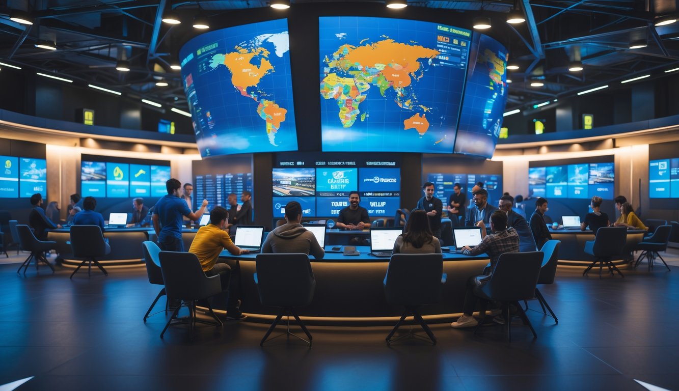 Orang-orang di pusat olahraga modern dengan layar besar menampilkan berbagai pertandingan olahraga internasional.