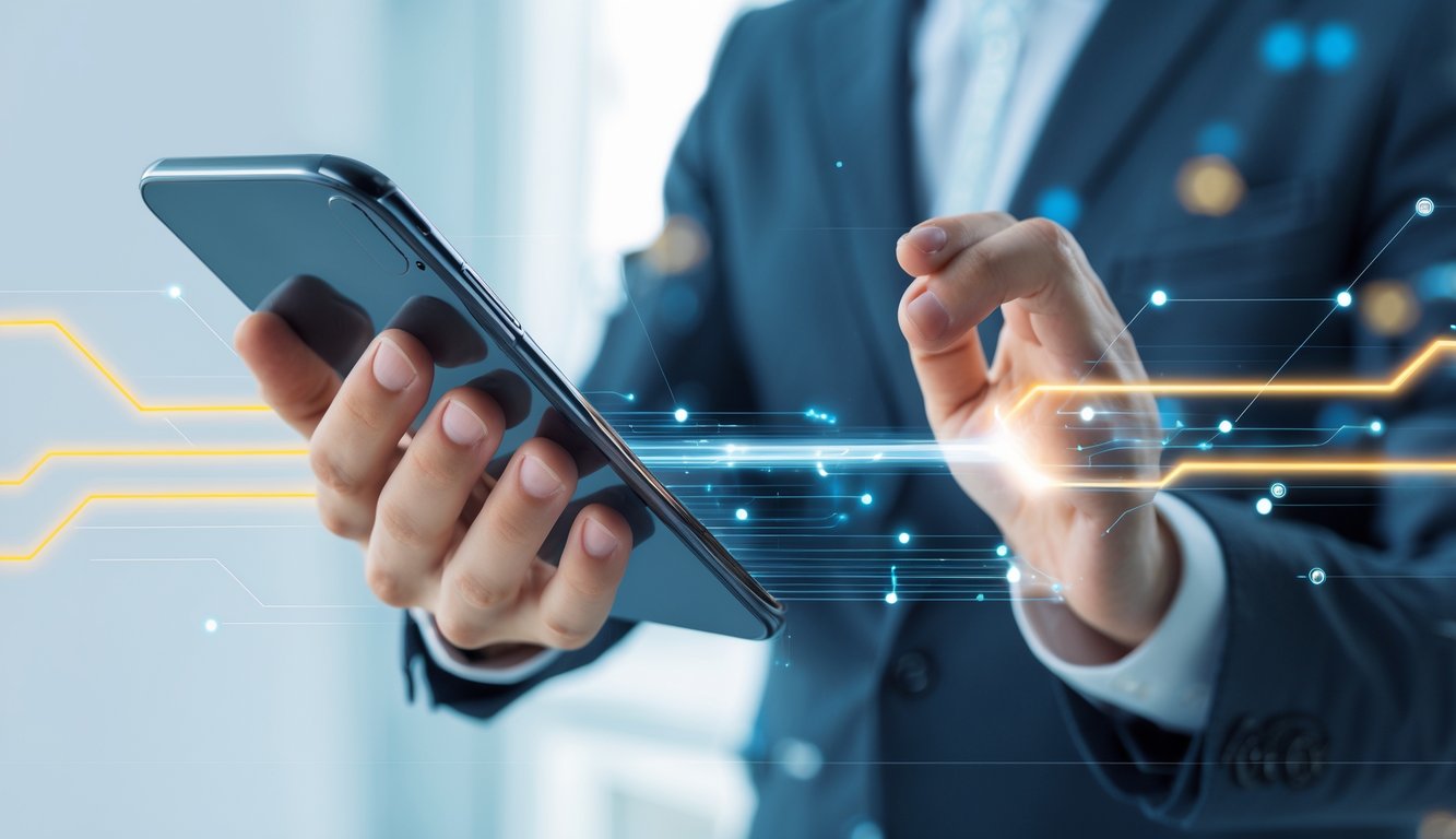 Seseorang memegang smartphone dengan tampilan antarmuka digital yang menunjukkan navigasi cepat dan stabil.