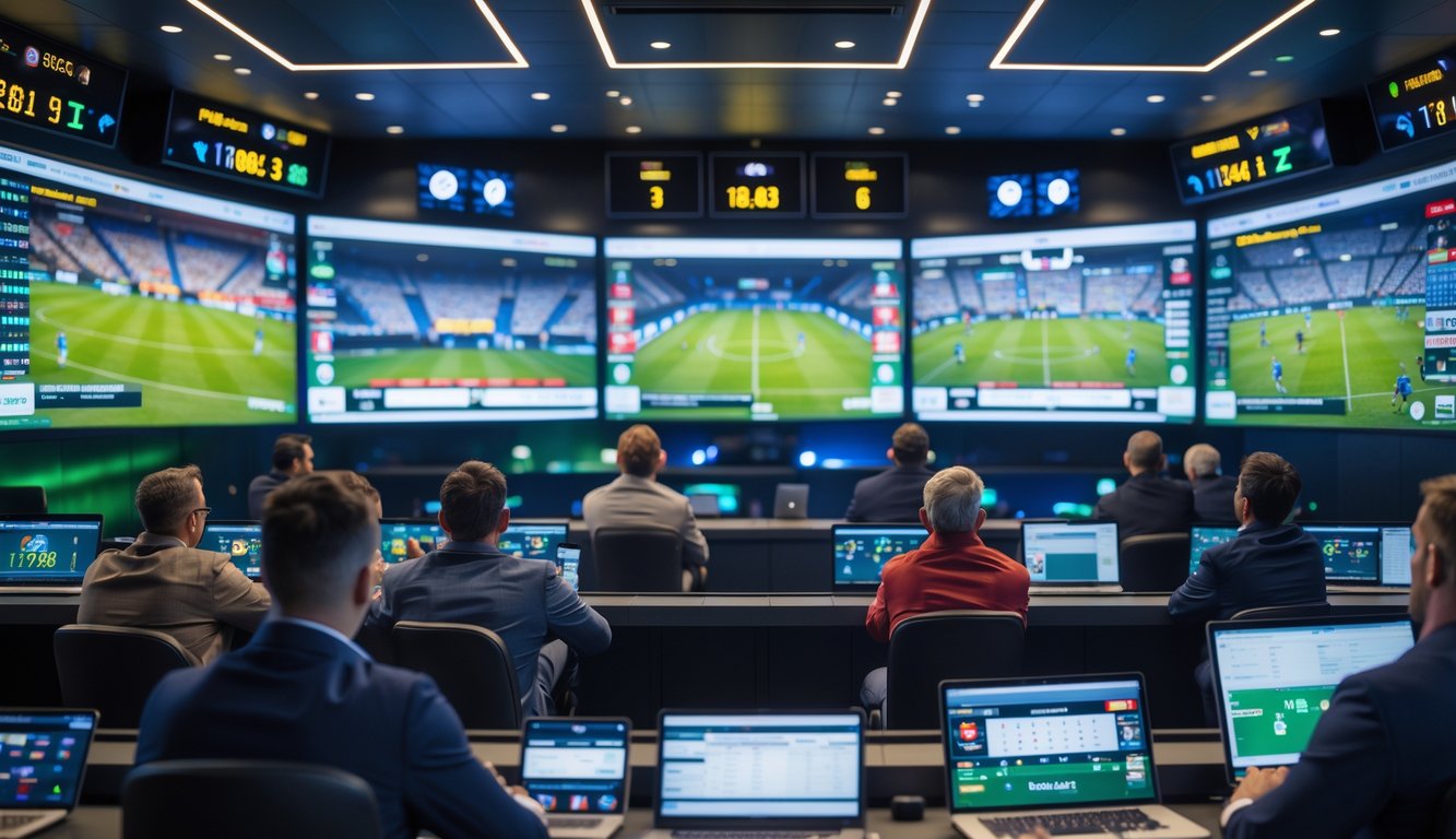 Beberapa orang menonton pertandingan sepak bola secara langsung di layar besar dengan statistik dan skor waktu nyata.