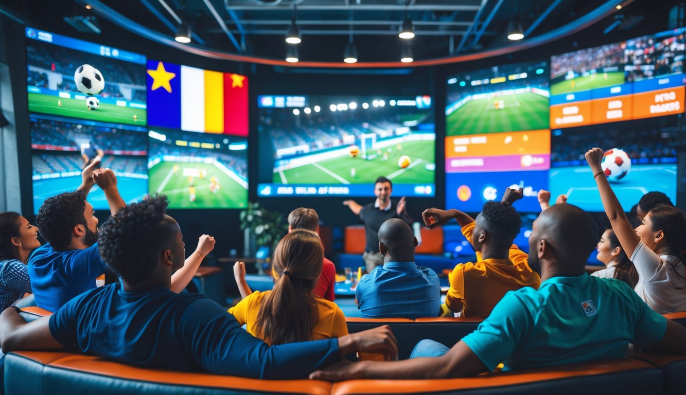 Sekelompok orang dari berbagai latar belakang menonton pertandingan olahraga internasional di ruang santai modern dengan beberapa layar besar.