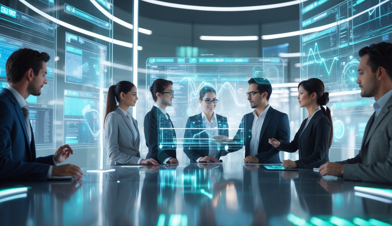 Sekelompok profesional sedang bekerja dengan layar digital transparan di ruang kerja modern yang futuristik.