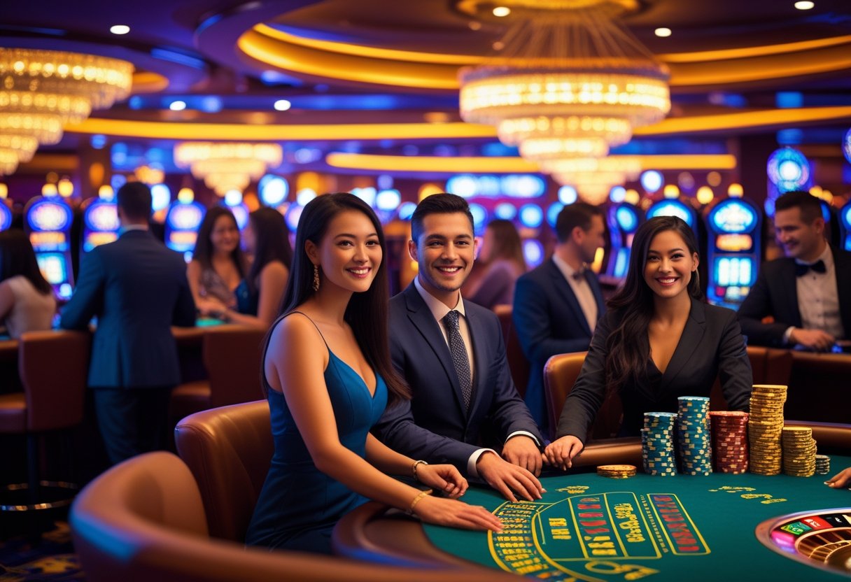 People enjoying various casino games like slot machines and roulette in a lively, well-lit casino interior during the evening.