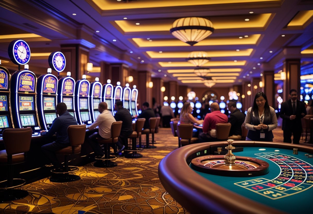A busy casino floor with people playing slot machines and roulette, illuminated by warm lighting and showing clocks on the walls.