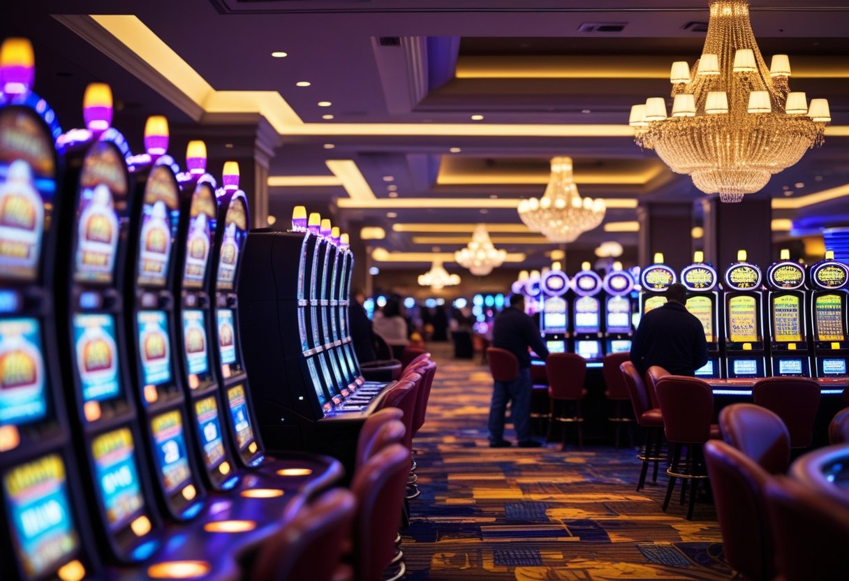 A casino floor with slot machines and card tables, showing people playing games in a warm, well-lit environment during early evening.