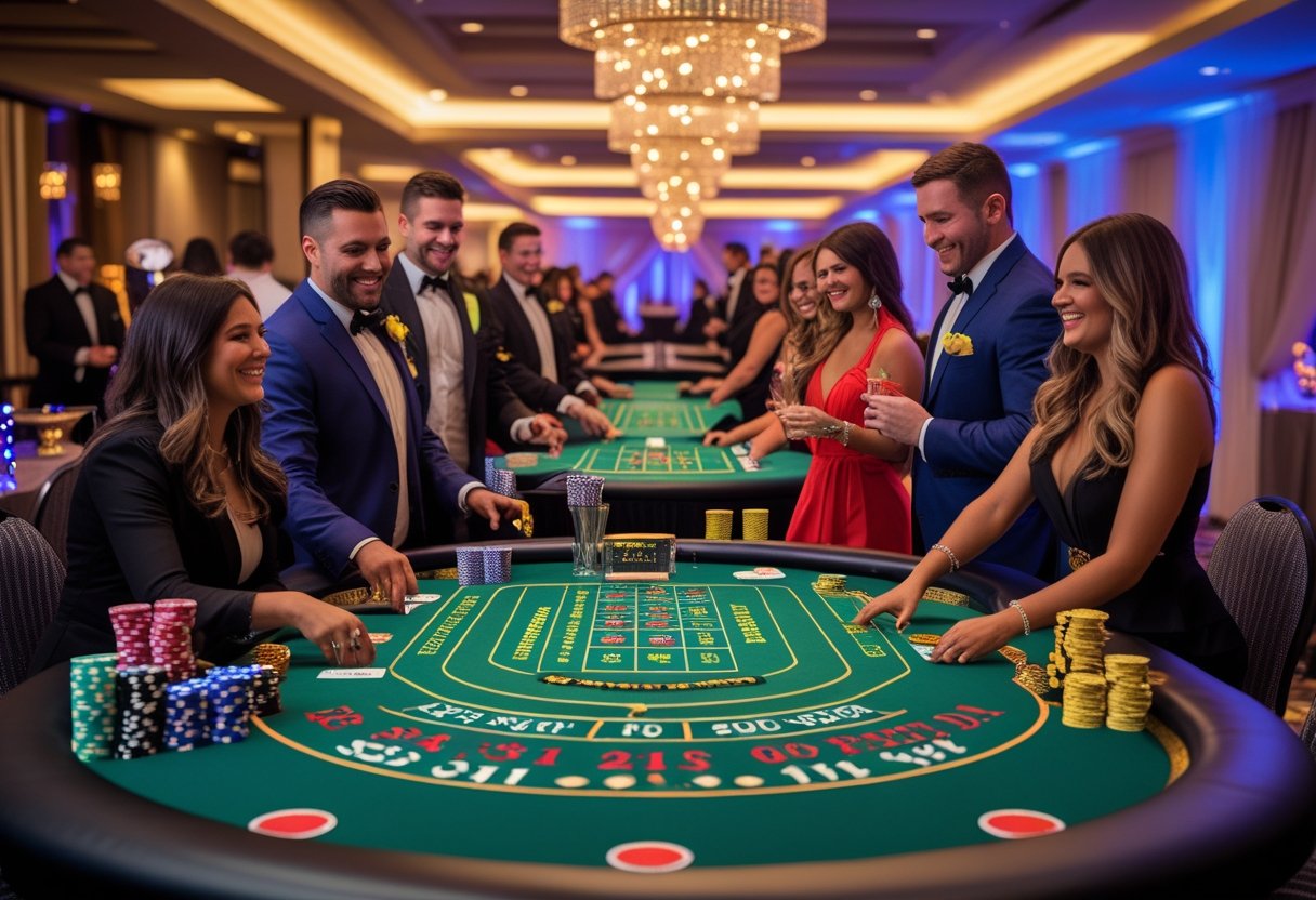 People enjoying casino games like poker and roulette at a lively indoor party with professional casino tables and dealers.