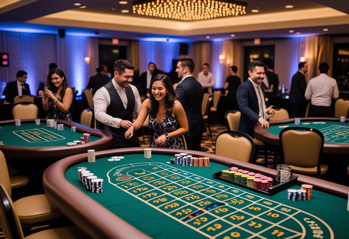 People playing casino games at tables in an indoor party setting with decorative lighting.