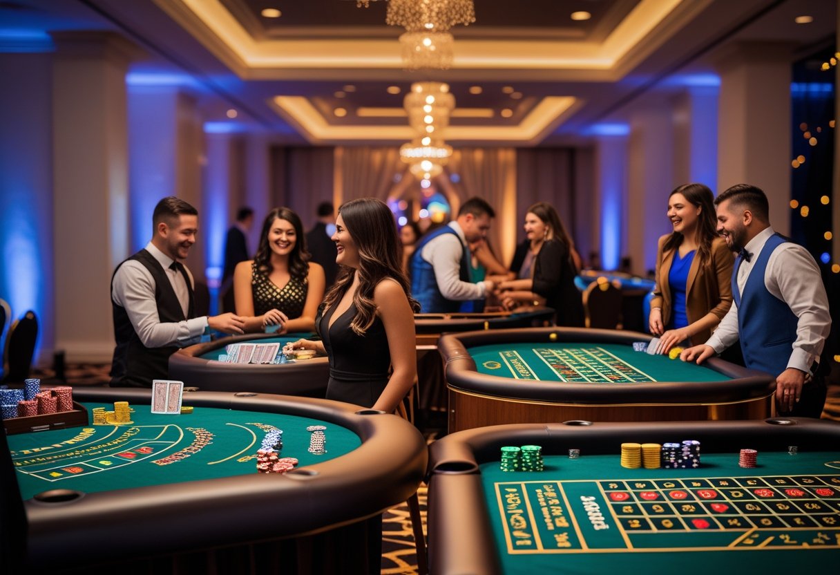People playing casino games like blackjack, roulette, and craps at a party rental setup in an elegant indoor venue.