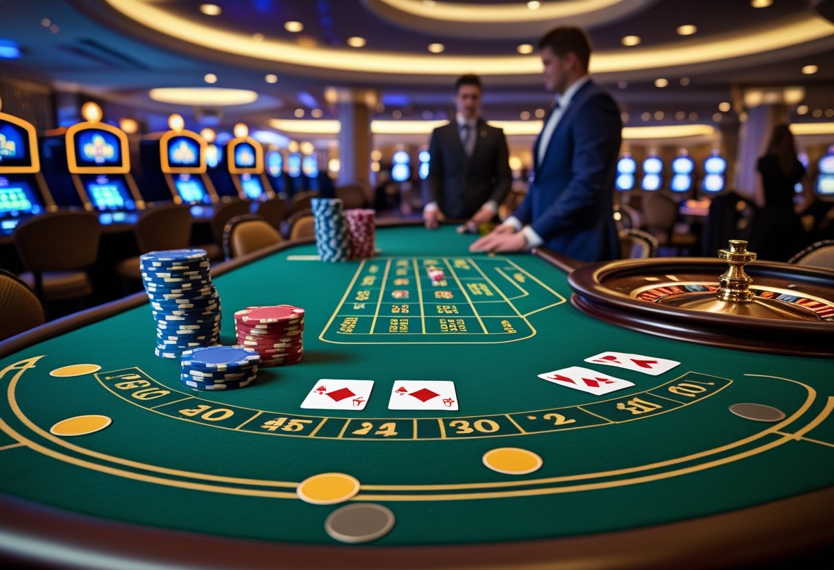 A casino table with blackjack cards, poker chips, a roulette wheel, and dice in a well-lit casino setting.