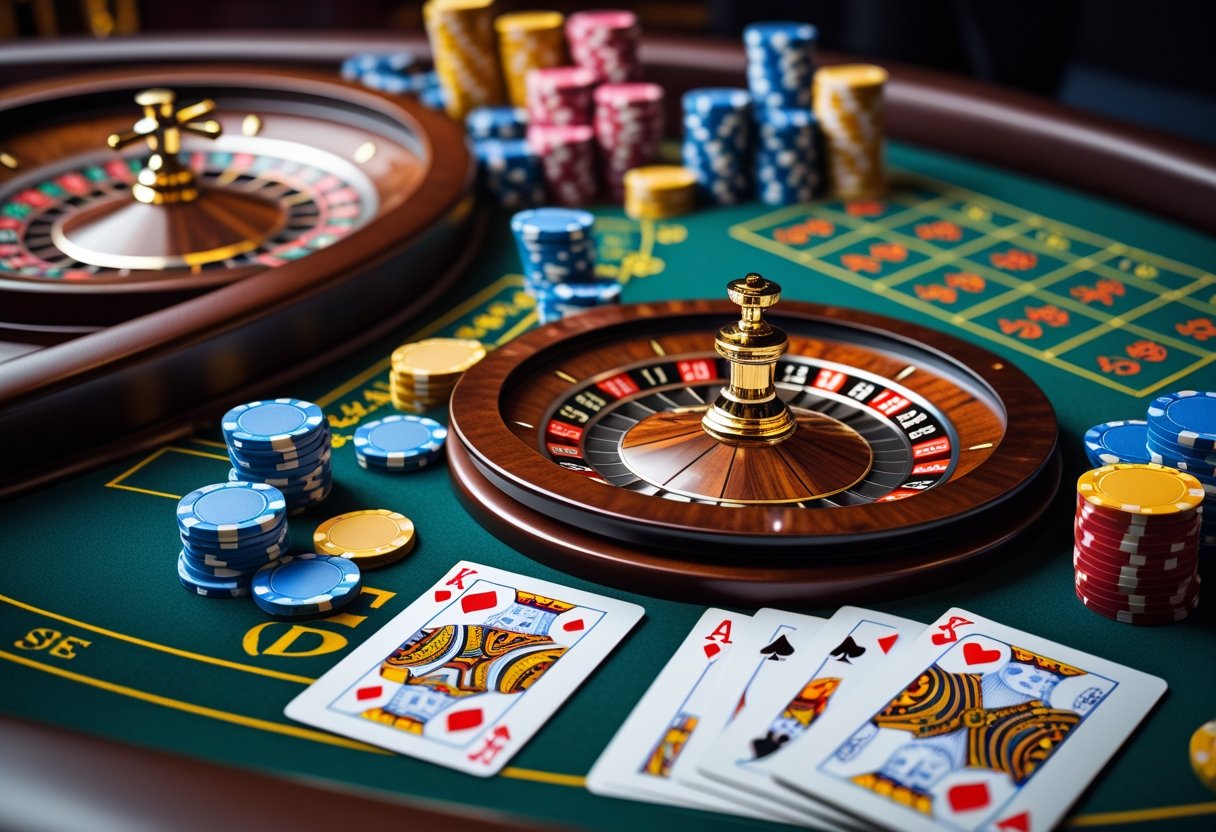 Close-up of a casino gaming table with poker chips, playing cards, and a roulette wheel.
