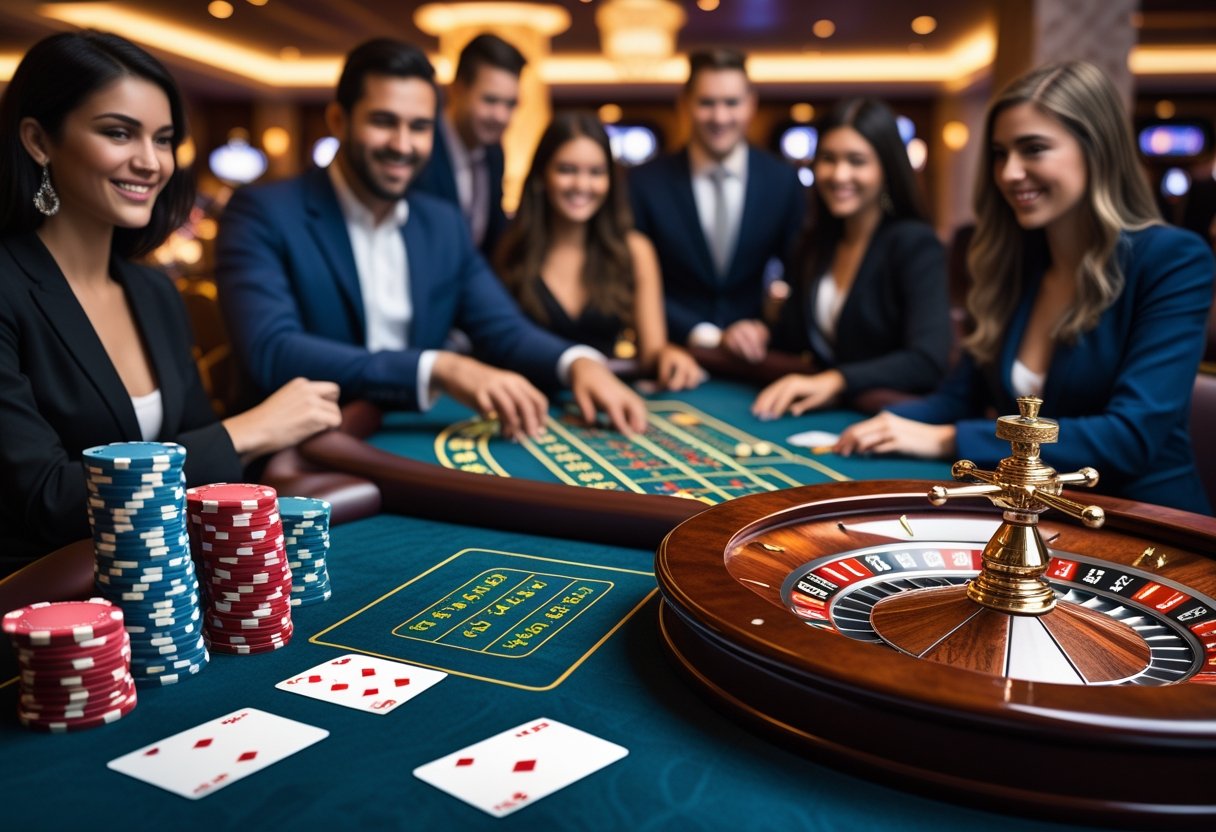 A casino table with a roulette wheel, poker chips, and playing cards, surrounded by people playing various casino games.