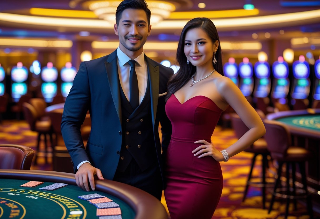 A well-dressed man and woman standing near a blackjack table inside a casino with slot machines in the background.