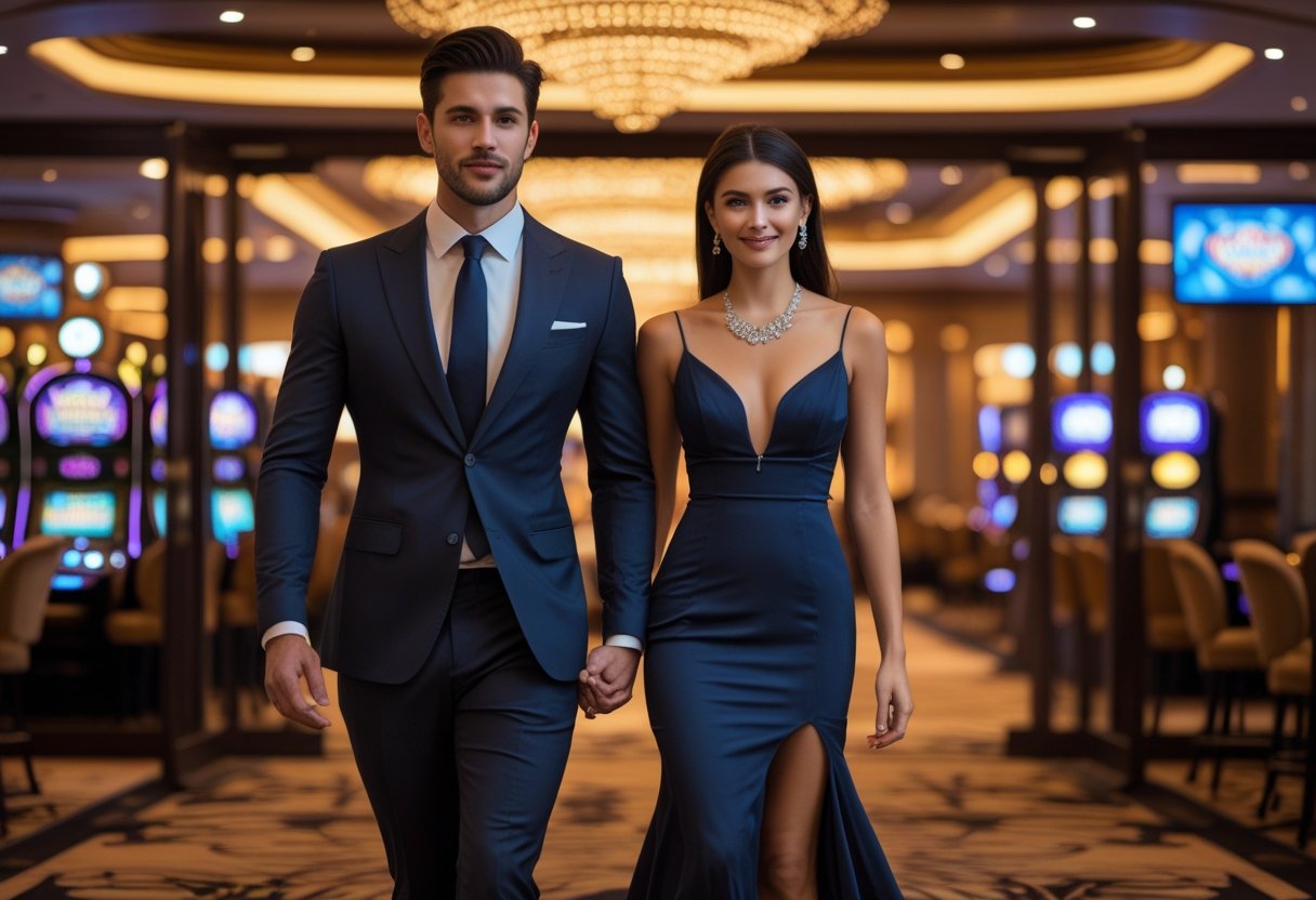 A well-dressed man and woman walking into a casino with gaming tables and slot machines visible inside.