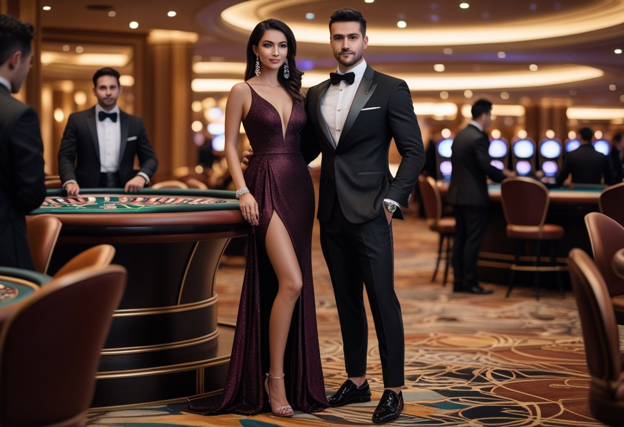 A man and woman dressed in formal attire standing next to a roulette table inside a casino.