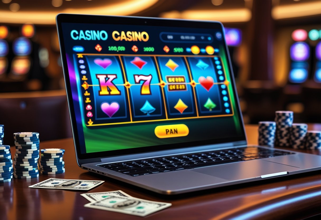A laptop on a wooden table showing an online casino game with poker cards and slot machine reels, surrounded by casino chips and banknotes.