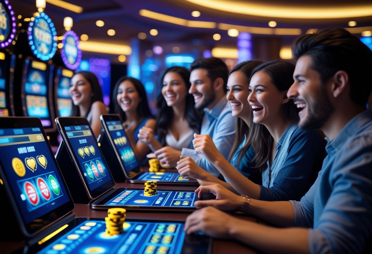 People playing digital casino games on tablets and laptops in a modern casino setting, showing excitement and anticipation.