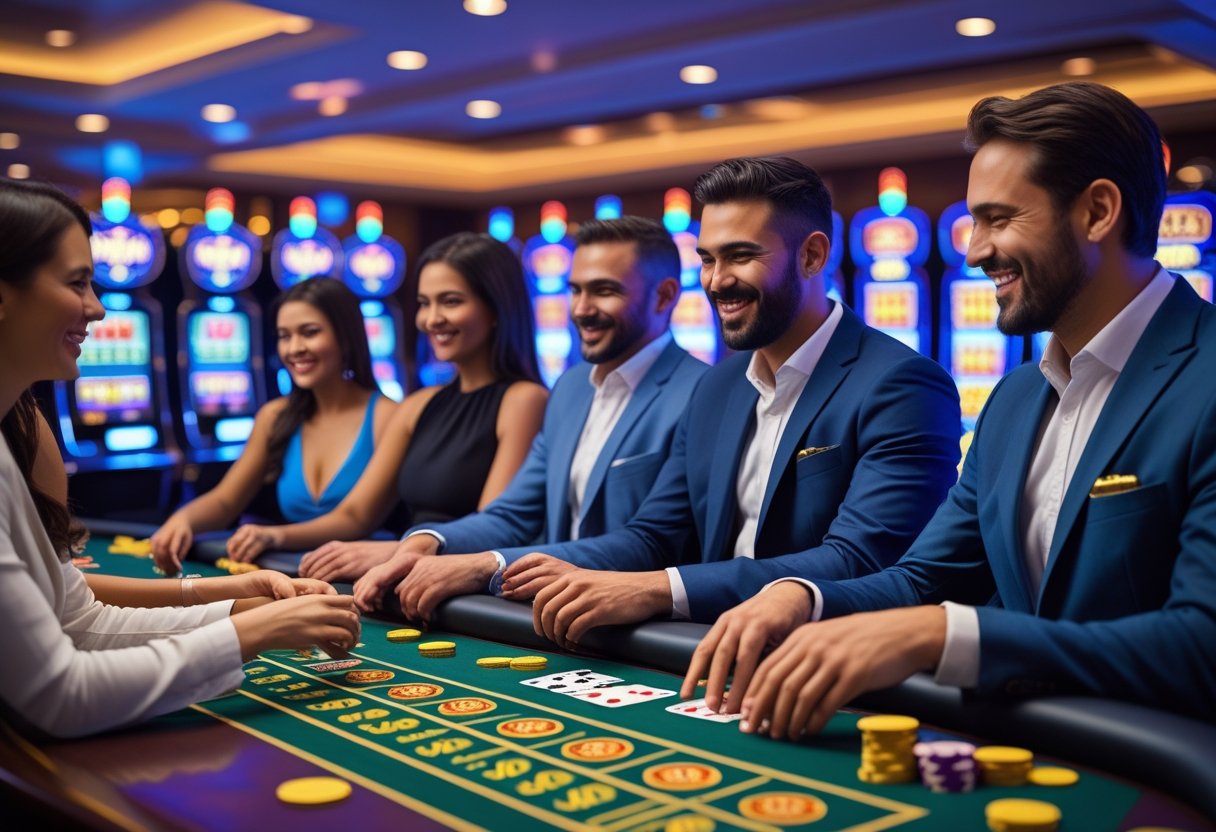 A group of people playing casino games with chips, cards, and slot machines in a lively casino setting.