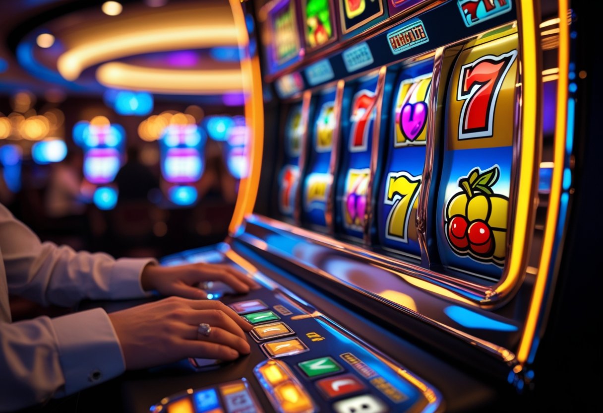 A person about to press the spin button on a colorful slot machine in a lively casino setting.