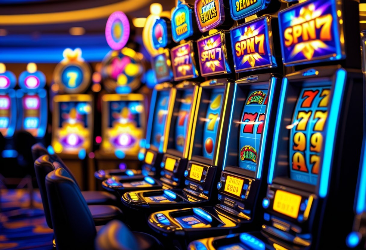 A row of colorful slot machines with spinning reels and glowing coins representing bonuses and free spins in a casino setting.