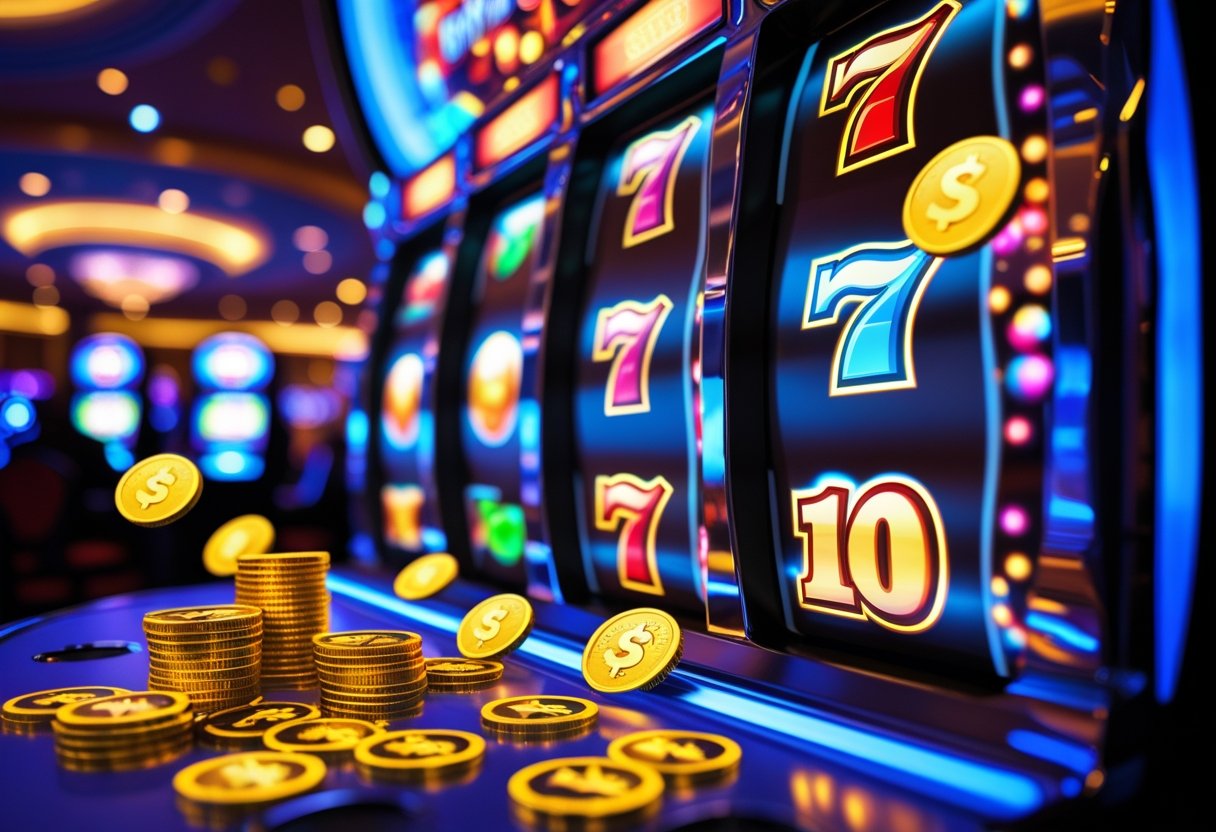 Close-up of a colorful slot machine with glowing coins and tokens around it in a lively casino setting.