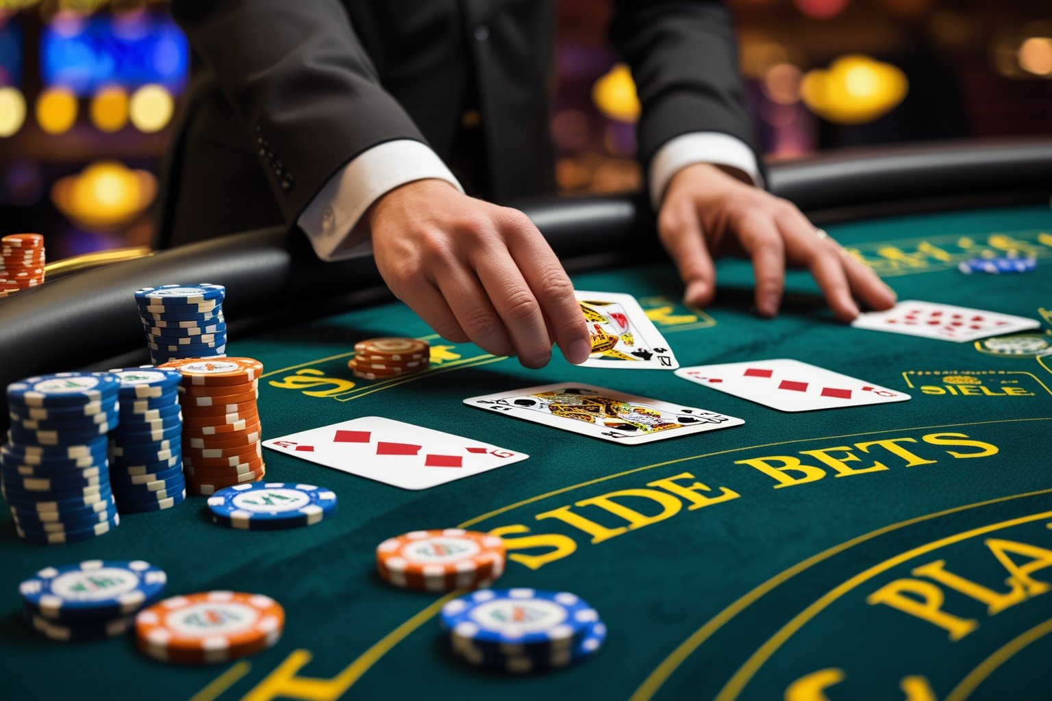 A dealer placing poker chips on side bet areas of a blackjack table with playing cards visible.
