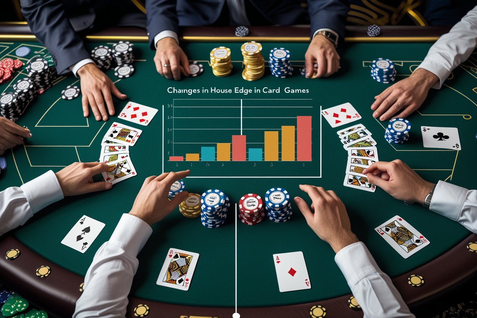 Top-down view of a casino table with cards and chips for multiple card games and a subtle graph showing changes in house edge.