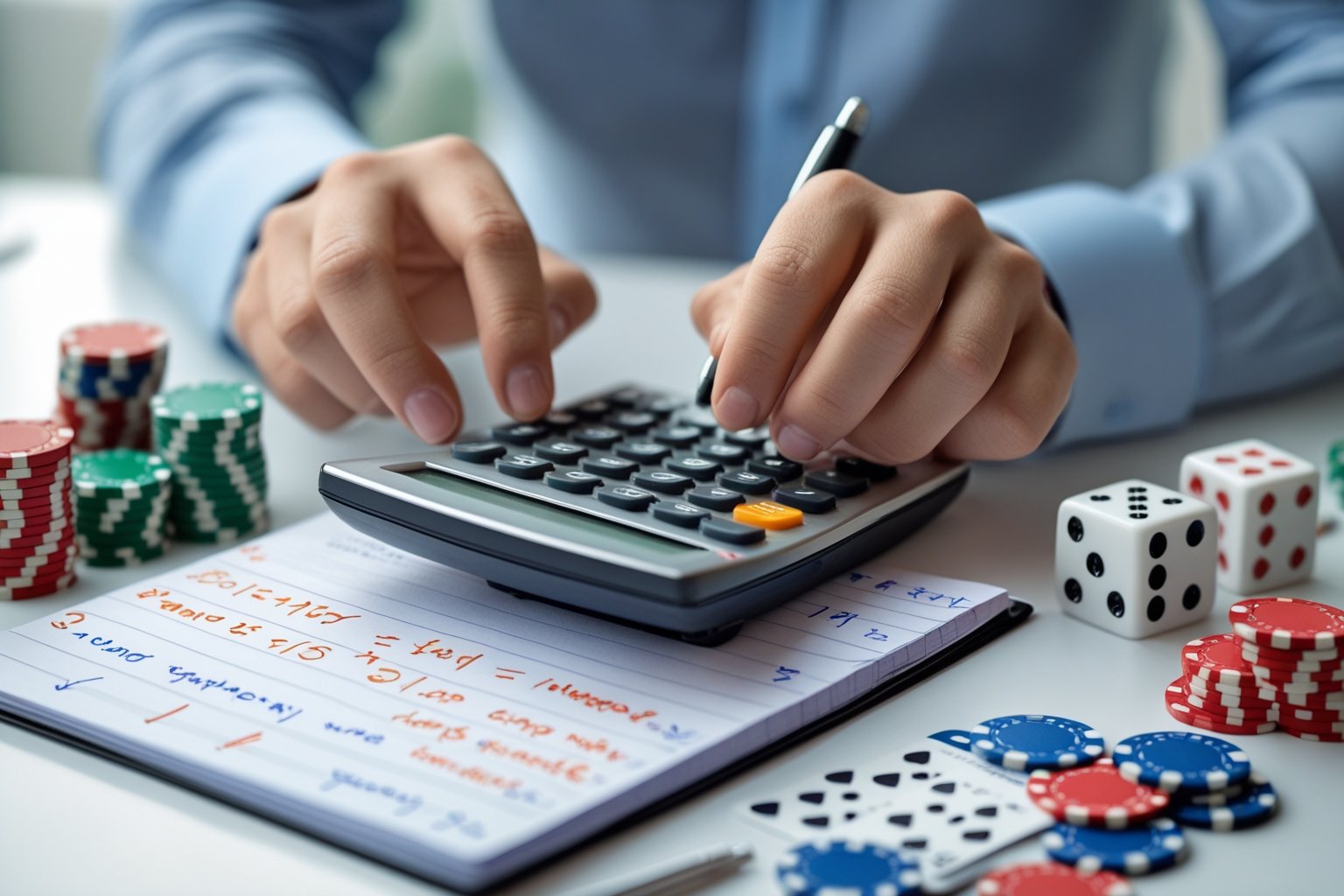 Hands using a calculator and writing gambling probability calculations on a notepad surrounded by poker chips, playing cards, and dice on a table.