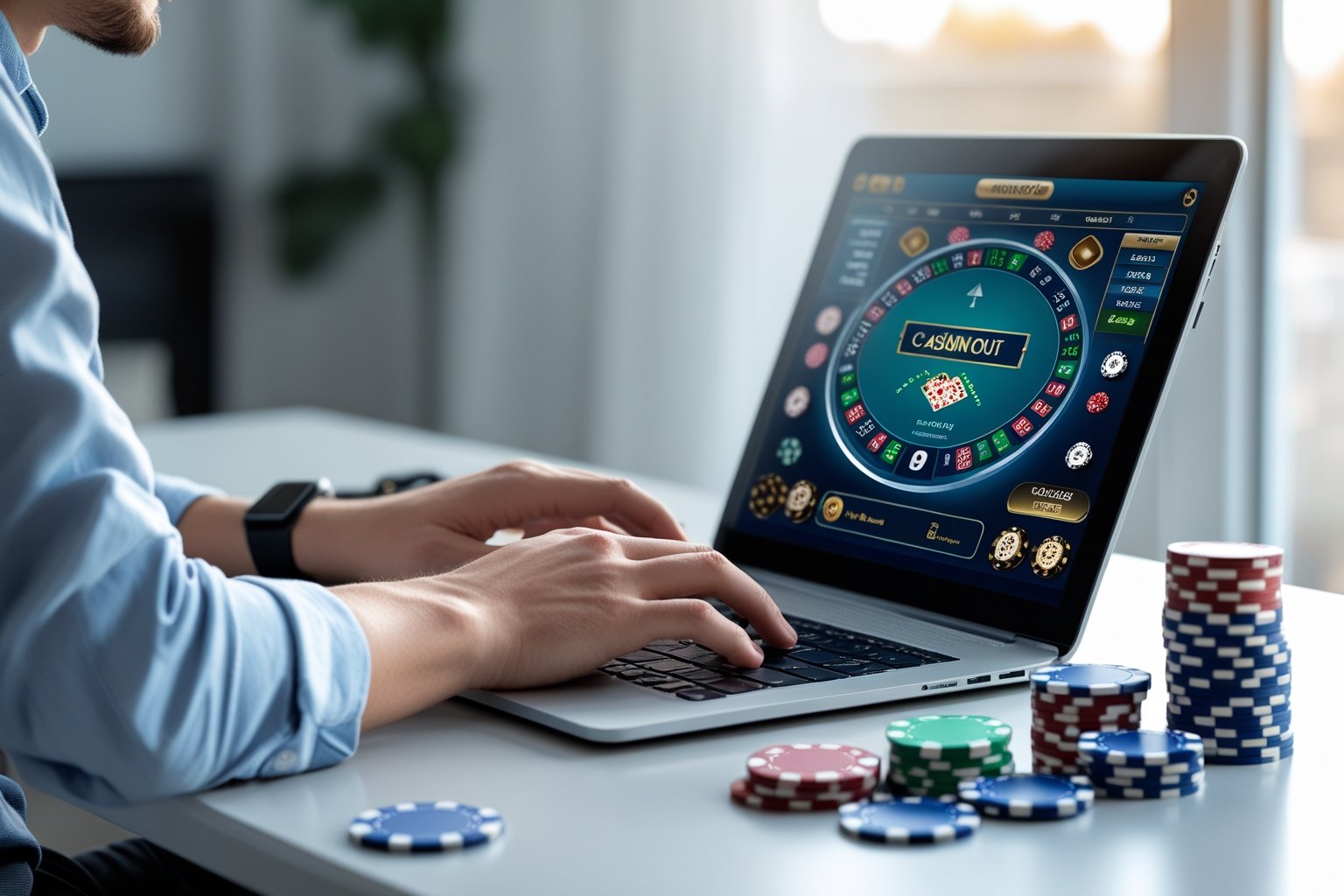 Person practicing casino games on a laptop at a table with chips and cards in a home setting.