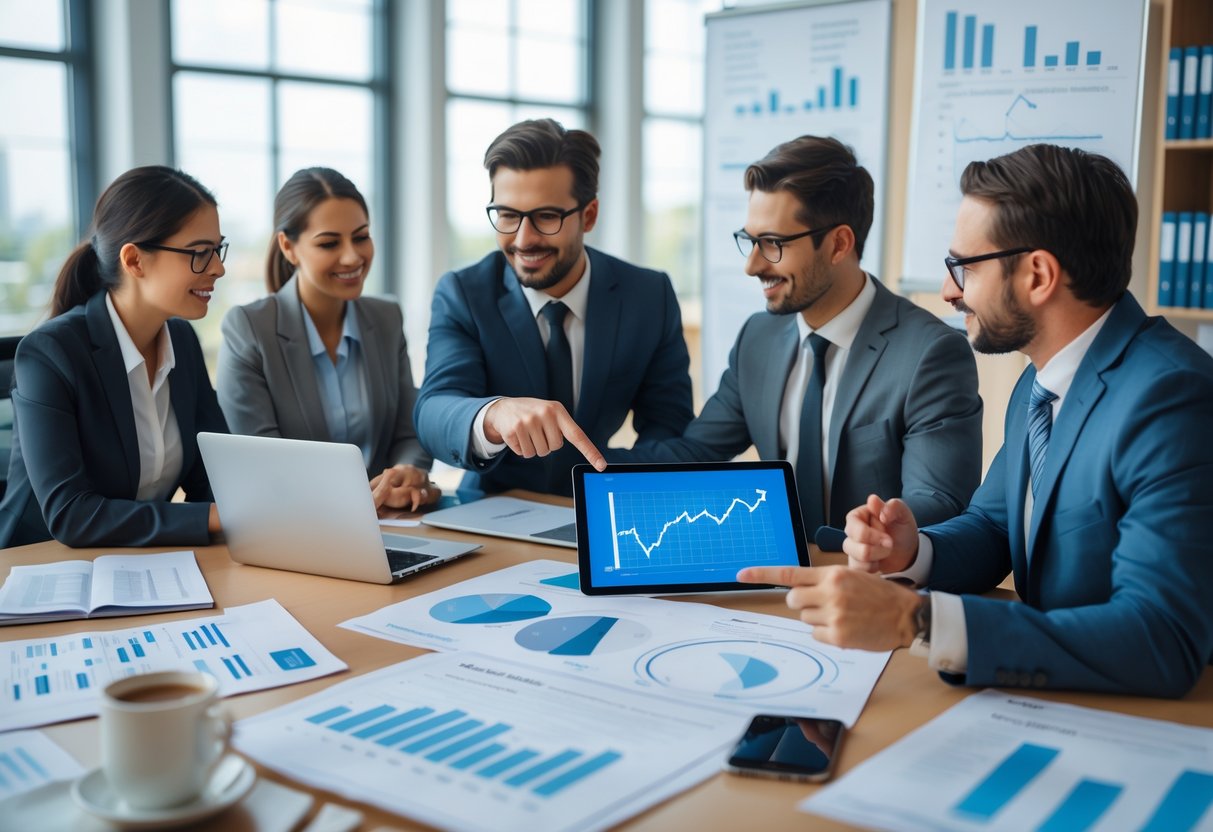 Des professionnels en réunion dans un bureau moderne, examinant des documents et des graphiques sur une tablette, illustrant l'utilisation de données économiques dans les marchés publics.