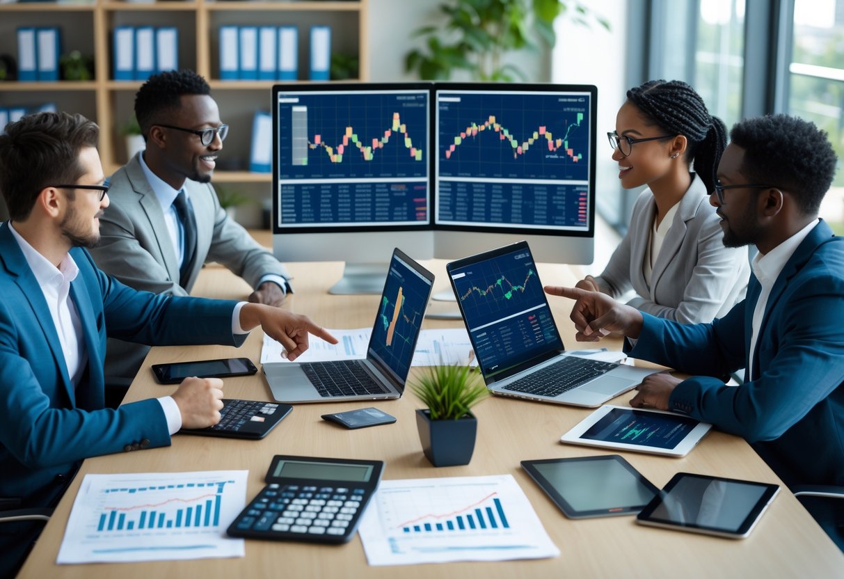 Des professionnels en réunion dans un bureau moderne, analysant des graphiques et des données financières sur des écrans et des documents.