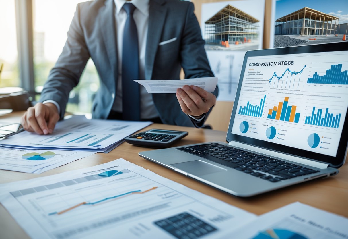 Un professionnel examine des documents et des graphiques liés à des contrats de travaux dans un bureau moderne.