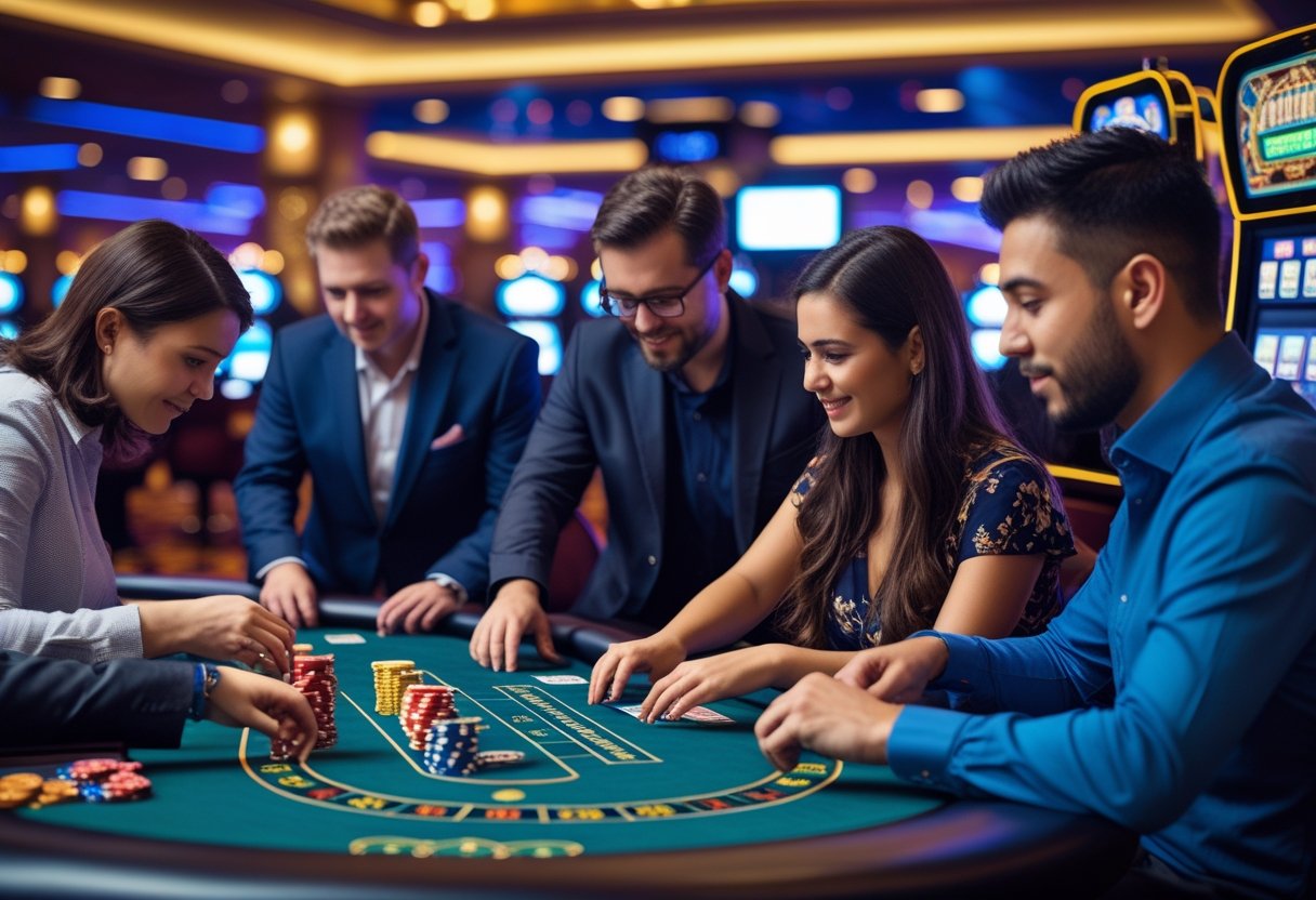 People in a casino choosing different games like poker, roulette, and slot machines.