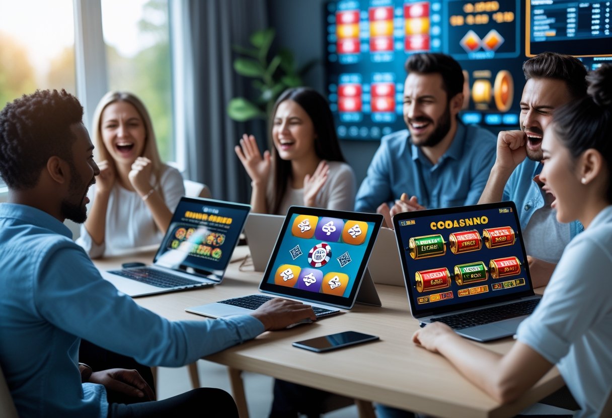 People using laptops and smartphones to play online casino games