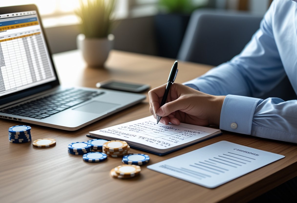 Person writing on a notepad at a desk with a laptop, calculator, casino chips, and playing cards nearby.