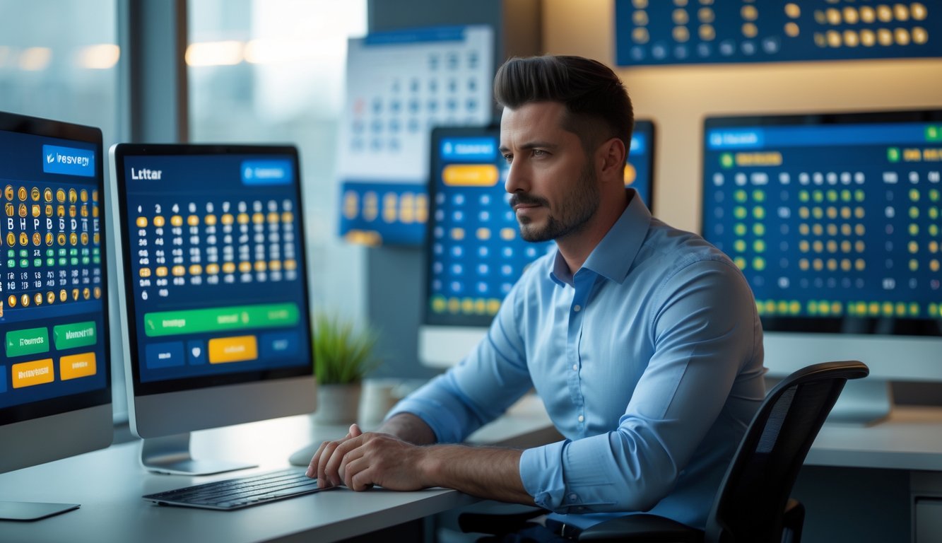 Seorang pria fokus duduk di meja dengan beberapa layar komputer menampilkan angka lotere dan grafik di kantor modern.