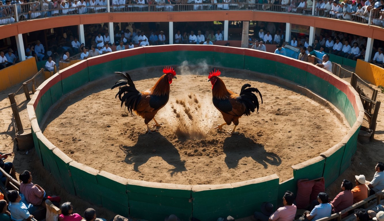 Arena sabung ayam dengan dua ayam bertarung di tengah dan penonton mengelilingi arena.