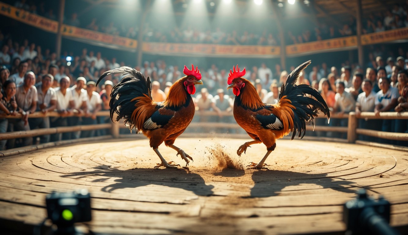 Dua ayam jago sedang bertarung di arena kayu dengan penonton yang antusias menyaksikan pertandingan.