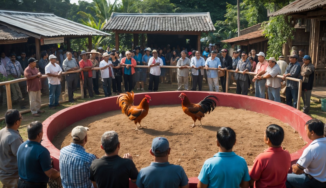 Orang-orang berkumpul di luar ruangan mengelilingi arena sabung ayam dengan dua ayam sedang bertarung di tengah, suasana terlihat terorganisir dan aman.
