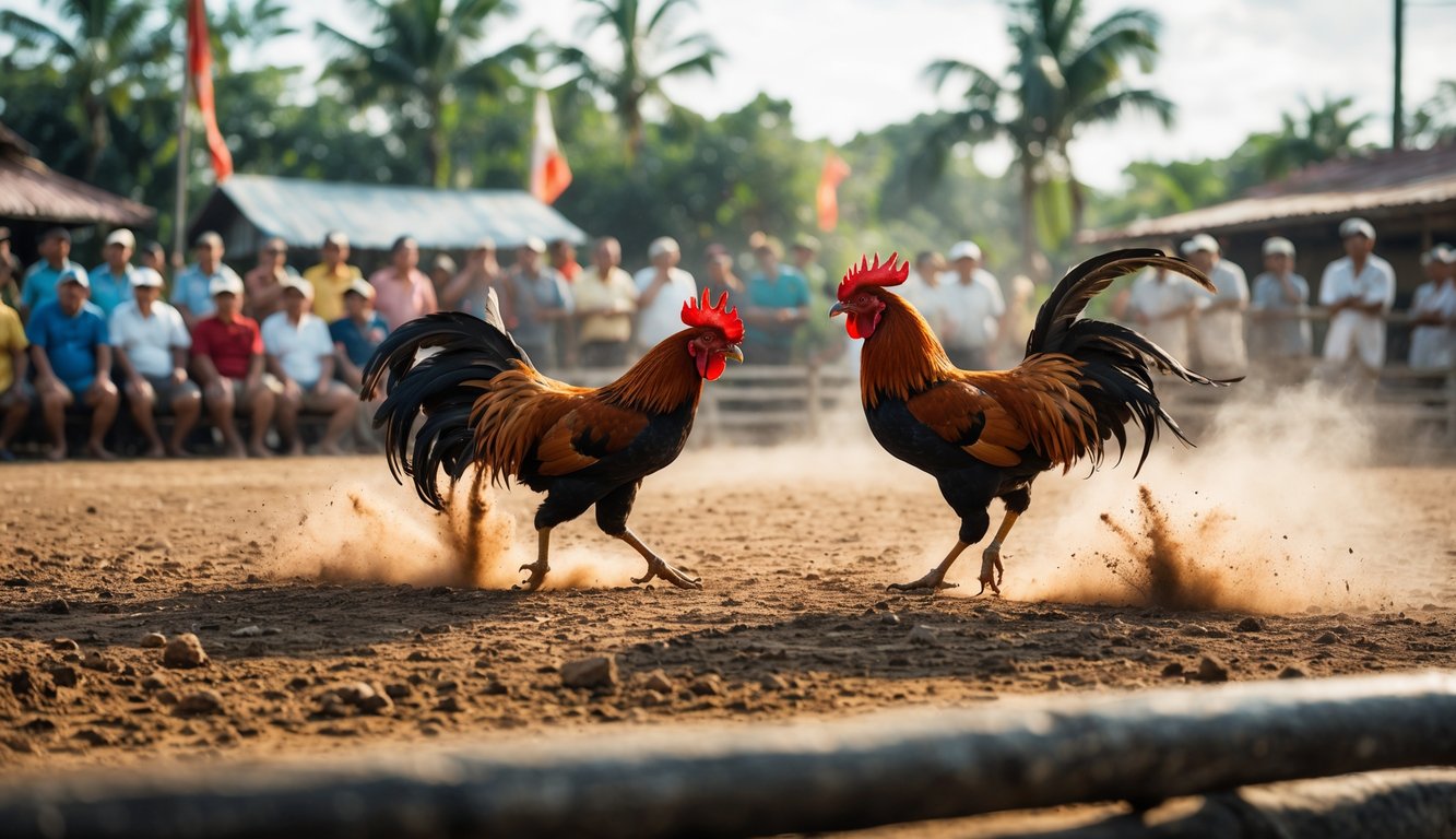 Dua ayam jago sedang bertarung di arena dengan penonton yang memperhatikan di latar belakang.