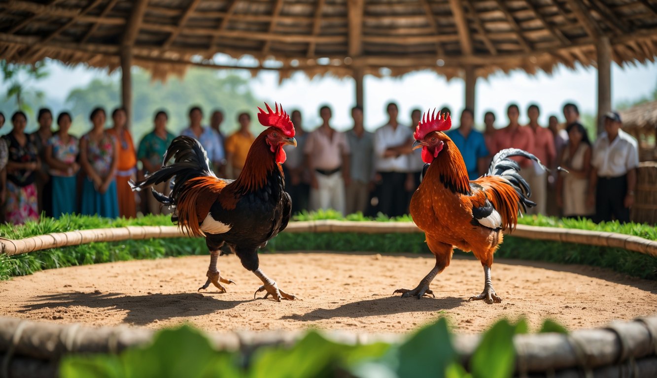 Dua ayam jago sedang bertarung di arena dengan penonton mengelilingi, di lingkungan alami yang bersih dan hijau.