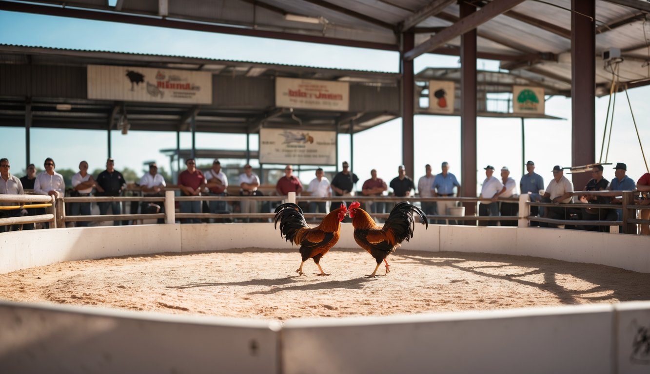 Dua ayam jago sedang bertarung di arena sabung ayam yang terintegrasi dengan penonton mengamati di sekitarnya.