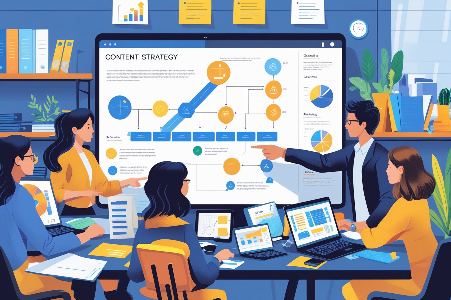 Ein Team arbeitet gemeinsam an einem Tisch mit Diagrammen, Laptops und Notizen, während eine Person auf einen Bildschirm mit einem Flussdiagramm zeigt.